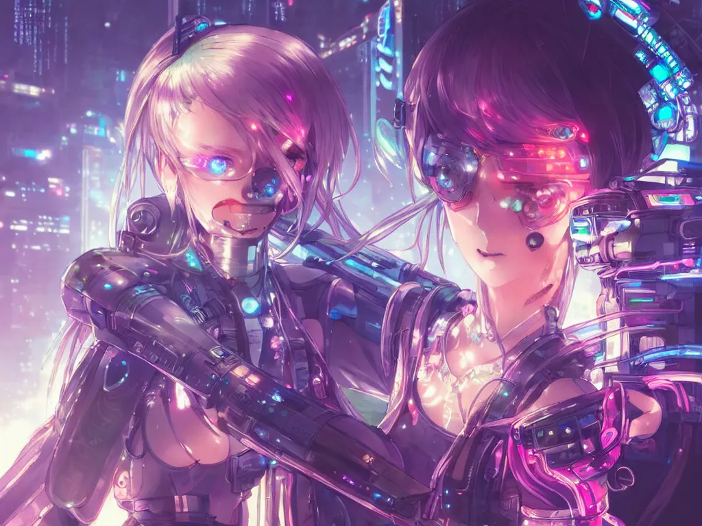 Image similar to anime key visual of portrait futuristic cyber warrior girl, in future cyberpunk tokyo rooftop, ssci - fi and fantasy, intricate and very very beautiful, neon light, highly detailed, digital painting, artstation, concept art, smooth, illustration, art by rossdraws and huaixuan xiang and alphonse mucha and wlop