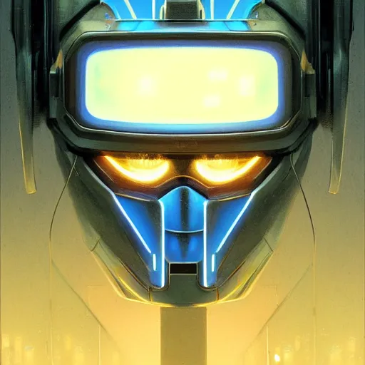 Image similar to robot with glowing blue single line visor as a realistic scifi cyberpunk knight, closeup portrait art by donato giancola and greg rutkowski, realistic face, digital art, trending on artstation, symmetry!!!