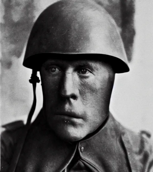 Image similar to a man at wearing iron mask in distance, ww1 film photo, grainy, high detail, high resolution