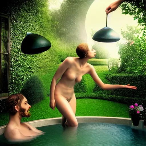 Image similar to hyperrealism photography computer simulation visualisation of parallel universe detailed bath in the garden in surreal scene from art house futuristic movie by caravaggio