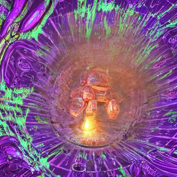 Image similar to detailed shot of inside a cavernous stomach of a mecha goddess, the walls purple and pulsing, lots of acid pooling up on the floor, digesting and dissolving a small human as it thrashes in acid, food pov, micro pov, vore, digital art, furry art, anthro art, high quality, 8k 3D realistic, macro art, micro art, Furaffinity, Deviantart, Eka's Portal, G6