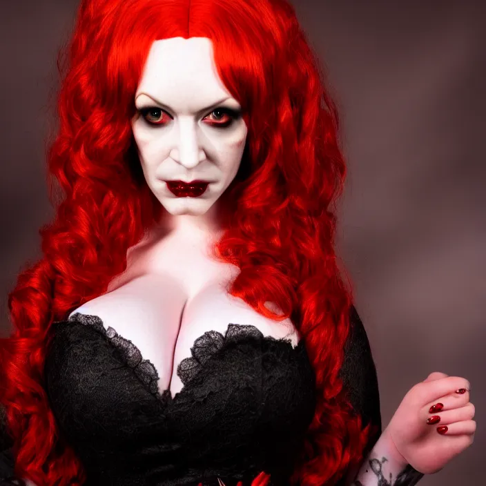 Image similar to full body photograph of a real-life christina hendricks vampire queen, Extremely detailed. 8k
