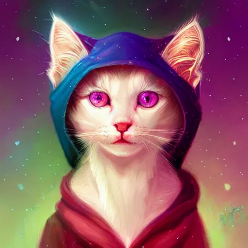 Image similar to colorful and Festive Captivating cute mage white kitten, with a blue hoodie, atmospheric lighting, painted, intricate, highly detailed by Charlie Bowater