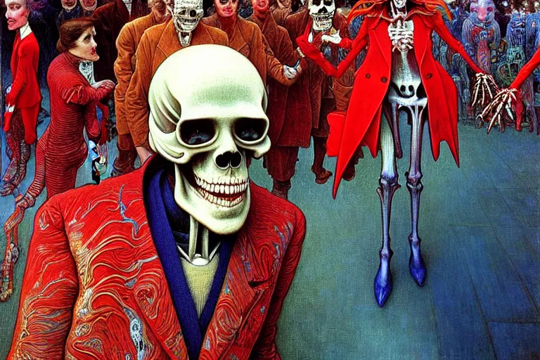 Prompt: realistic detailed closeup portrait painting of a single skeleton wearing red velvet blazer in a crowded futuristic moscow street by Jean Delville, Amano, Yves Tanguy, Alphonse Mucha, Ernst Haeckel, Ilya Repin, Edward Robert Hughes, Andrei Tarkovsky, Roger Dean, rich moody colours, blue eyes