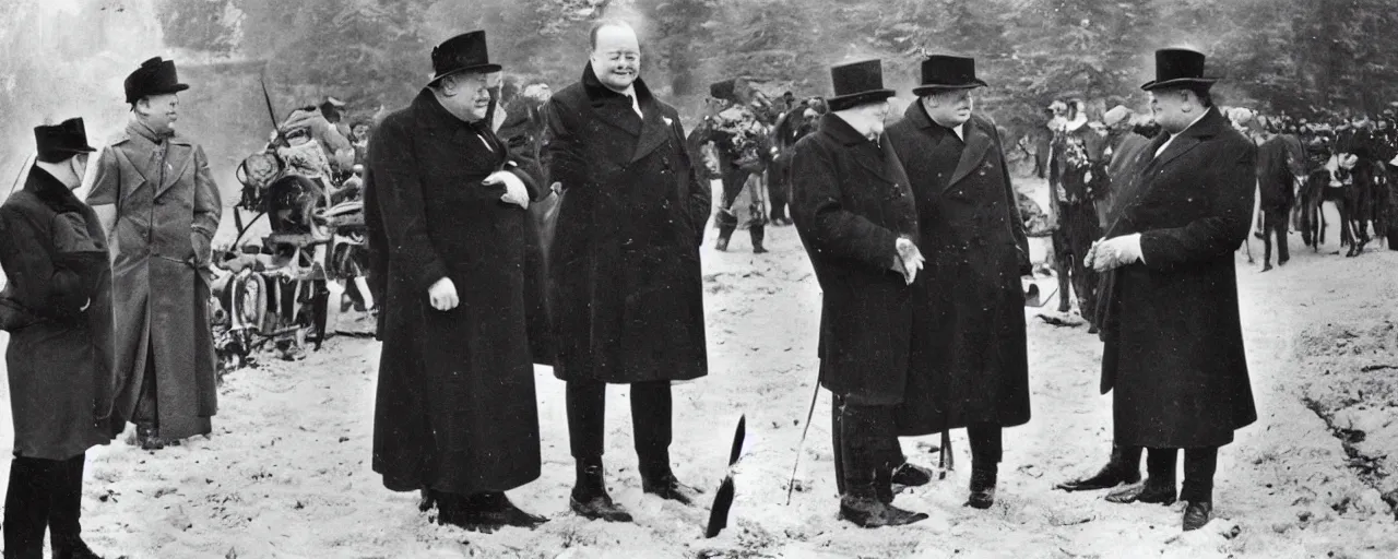 Prompt: Winston Churchill talking to Napoleon Bonaparte, vintage photo