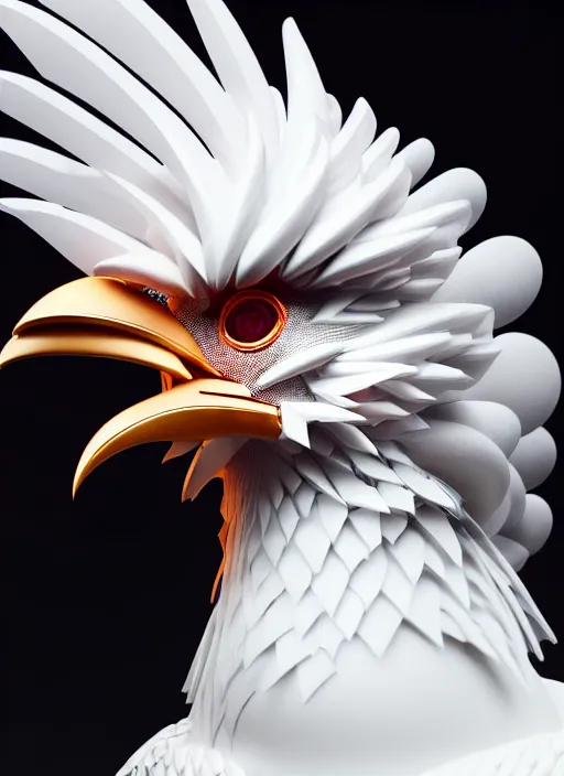 Image similar to hyper detailed ultra sharp portrait of a beautiful fashionable porcelain ivory cyberpunk scifi rooster, well contoured smooth colorful feathers, up close shot, sharp focus, global illumination, radiant light, black haute couture, alexandre ferra, irakli nadar, octane render, 4 k, ultra hd,