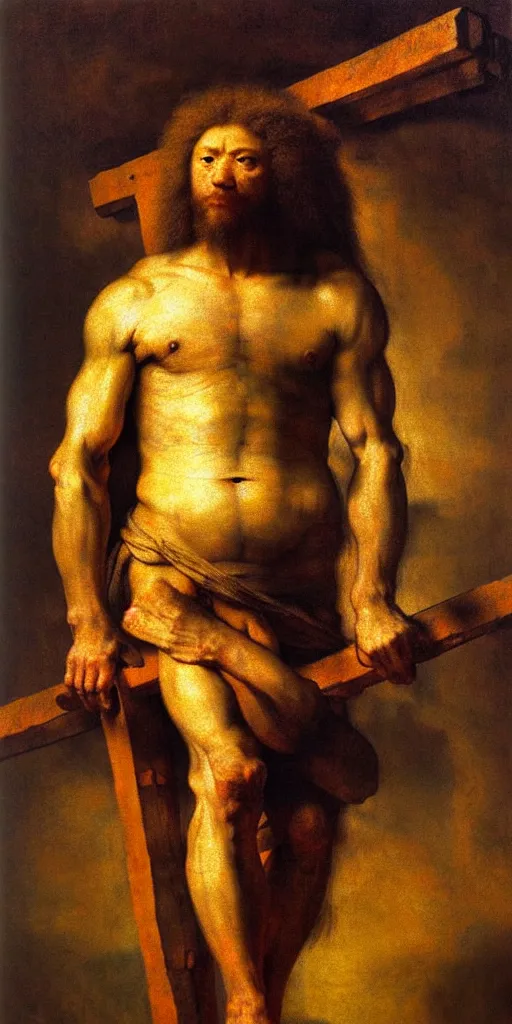 Prompt: oversized muscular lion as crucified christ the lord human bloody legs full body portrait pose , very textured detailed oil painting by rembrandt , hard backlight , in dark cave