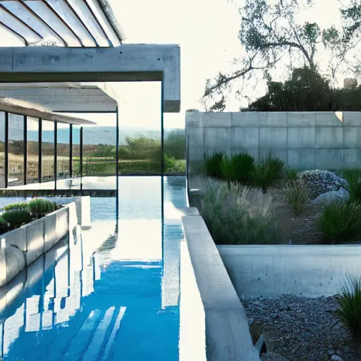 Prompt: water splash architecture + concrete + glass, pavilion, desert, hillside, organic, movement, pool, cacti