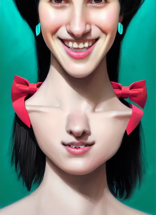 Image similar to portrait of high school girl, realistic, black hair, bangs, half updo hairstyle, pointy nose, skinny, smile, ugly, defined jawline, big chin, teal hair bow, earrings, intricate, elegant, glowing lights, highly detailed, digital painting, artstation, sharp focus, illustration, art by wlop, mars ravelo and greg rutkowski