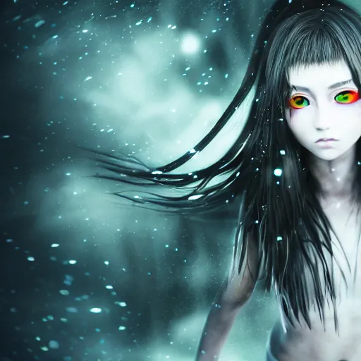 Prompt: photorealistic full body shot of masterpiece angry darkness anime girl, beautifull lovely eyes, electric aura with particles, snowing, darkness background, inspired by tim burton, detailed, unreal engine 4 k, volumetric light, fog