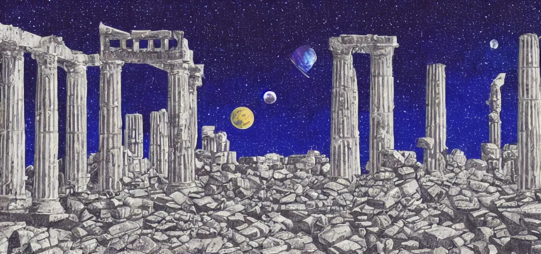 Image similar to The ruins of the Silver Millennium on the moon from Sailor Moon, digital painting, planet Earth in the distance, Greek-esque columns and ruins