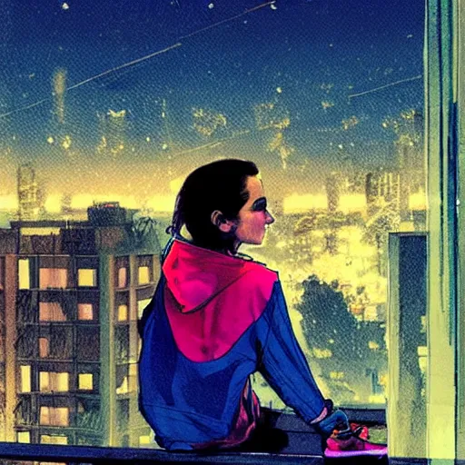 Prompt: emma watson in jeans and hoodie sitting on the balcony of a hotel at night, top view, neon and rainy theme atmosphere by Jerome Opeña, featured on artstation
