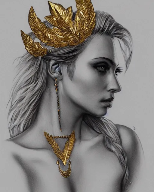 Image similar to tattoo sketch of blonde super model aphrodite greek goddess wearing a gold laurel wreath and triangle earrings, beautiful piercing gaze with sharp pupils, in the style of greg rutkowski, fantasy, amazing detail, epic, elegant, smooth, sharp focus, front view