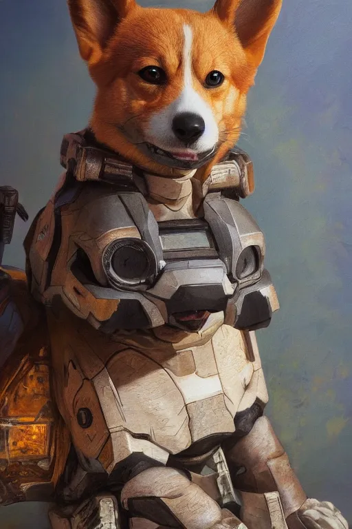 Image similar to master chief as a corgi, oil on canvas, intricate, portrait, 8 k highly professionally detailed, hdr, cgsociety