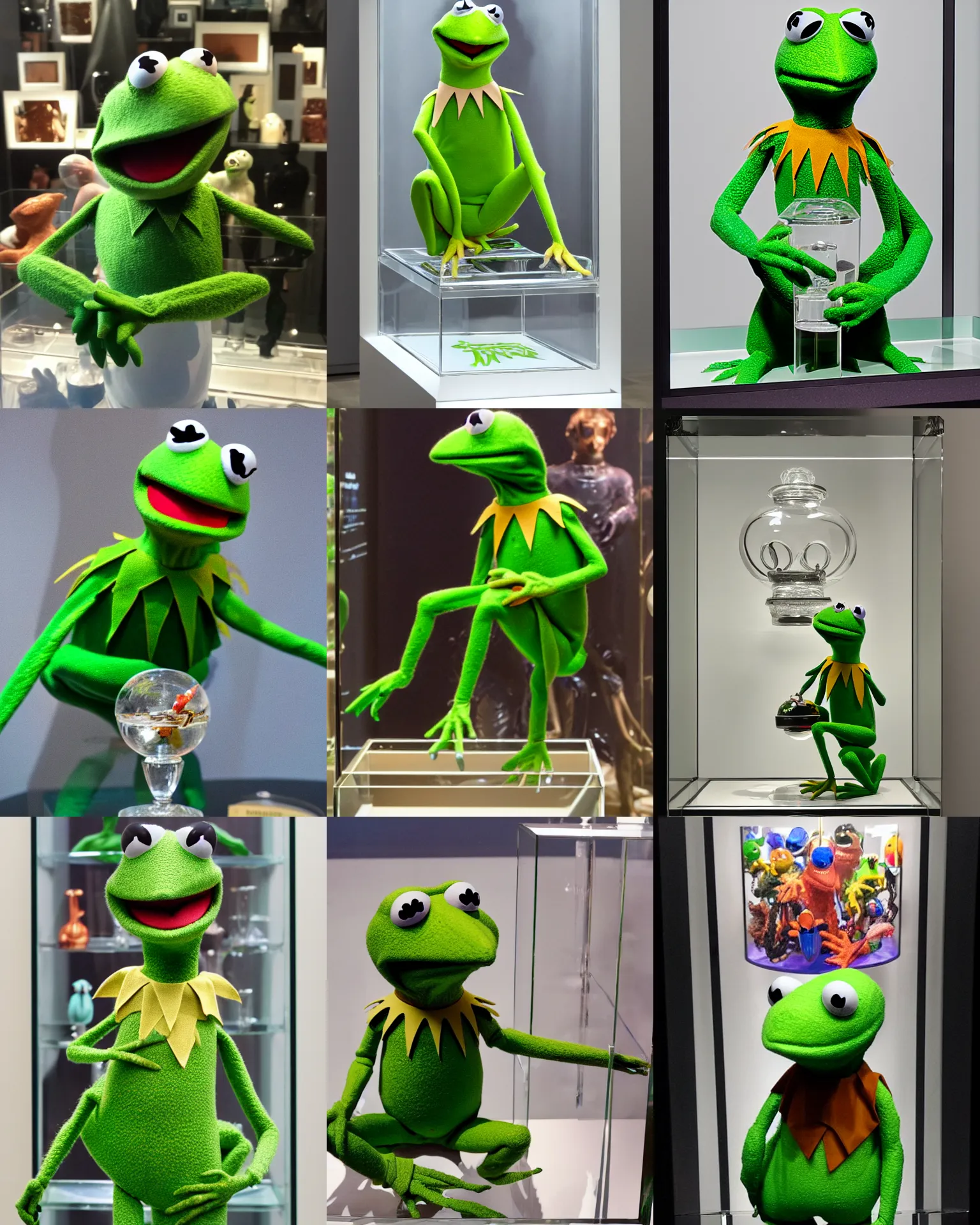 Prompt: Kermit the Frog in a Damien Hirst vitrine