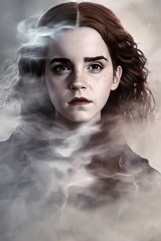 Image similar to a mix of of emma watson, anya taylor - joy and hermione granger, evil sorceress witch, lotr, movie still, hyperrealism, octane render, extremely detailed, intricate smoke magic, lace, style of mark ryden, earl nore, hyung tae, frank frazetta