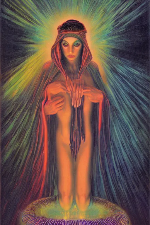 Image similar to gorgeous robed cult girl performing realism third eye ritual, dark theme night time, expanding electric energy waves into the ethereal realm, epic surrealism 8k oil painting, portrait, perspective, high definition, post modernist layering, by Ernst Fuchs, Gerald Brom