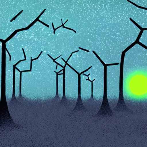 Prompt: a dystopian landscape with radioactive trees, dark glowing rain, a smal sobbing person