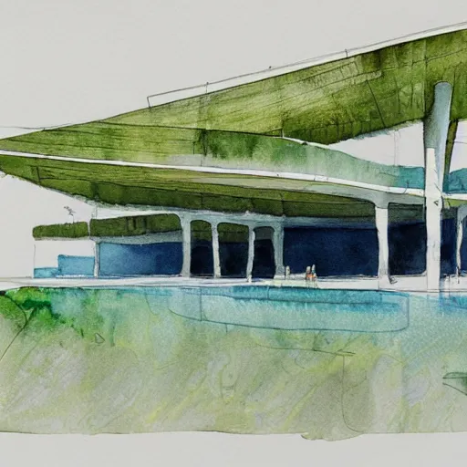 Image similar to watercolor sketch of organic rectangular architecture concept, sea, by greg rutkowski, renzo piano, sketche, villa, people, beach, artistic, ecology, green.