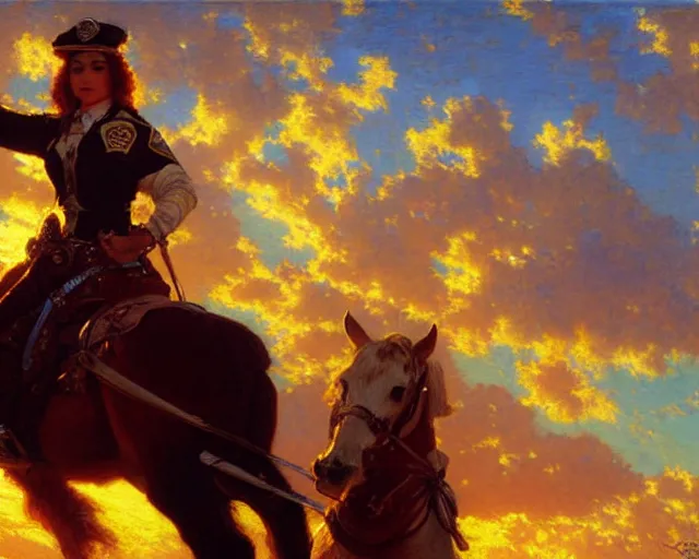 Prompt: female sheriff riding at sunset, highly detailed painting by gaston bussiere, craig mullins, j. c. leyendecker 8 k