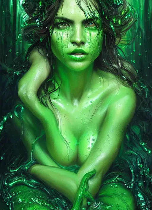 Prompt: epic portrait cinematic shot an frog goddess, wet green flowing hair, green glowing eyes, green lips, sweaty skin, green robes, fine details. night setting. realistic shaded lighting poster by craig mullism, artgerm, jeremy lipkin and michael garmash, unreal engine, radiant light, detailed and intricate environment, digital art, trending on art station,
