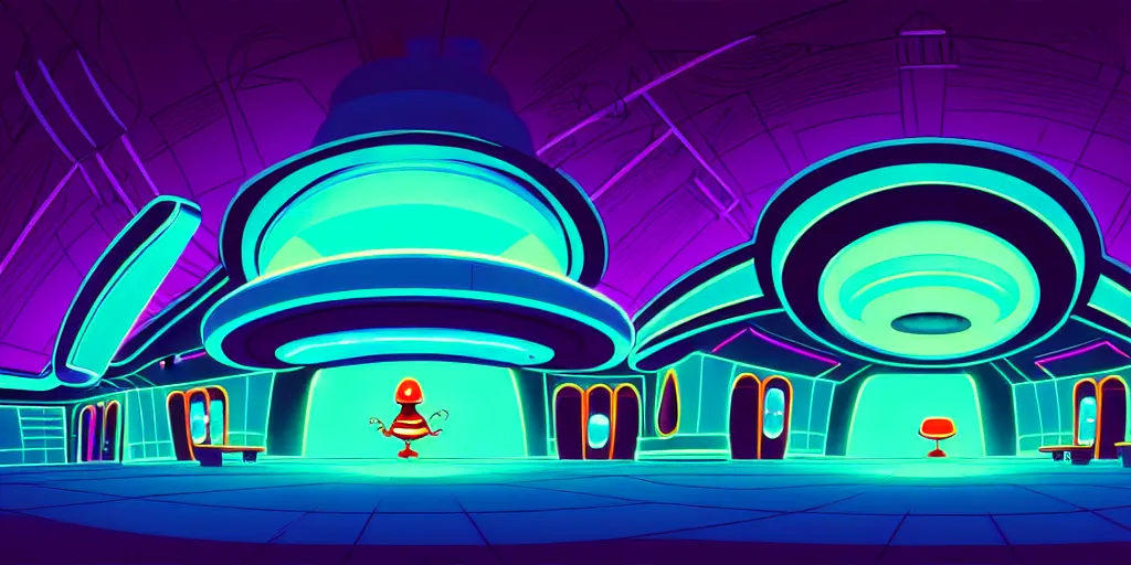 Prompt: minimalistic extreme wide angle curled perspective digital art of alien shaped indoor casino with roulettes in the roof, by anton fadeev from nightmare before christmas