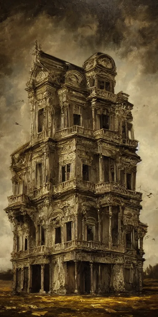 Image similar to detailed baroque oil painting of a singular dilapidated victorian house made of pipe organ parts, style of goya and fritz lang and alan lee, trending on artstation