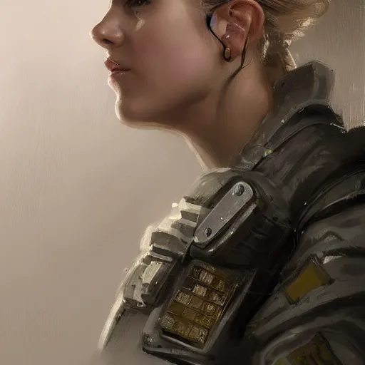 Image similar to Portrait of a woman by Greg Rutkowski, she is about 20 years old, athletic tomboy, attractive, military composure, short blonde hair, russian, she is wearing futuristic military fatigues, highly detailed portrait, digital painting, artstation, concept art, smooth, sharp foccus ilustration, Artstation HQ.