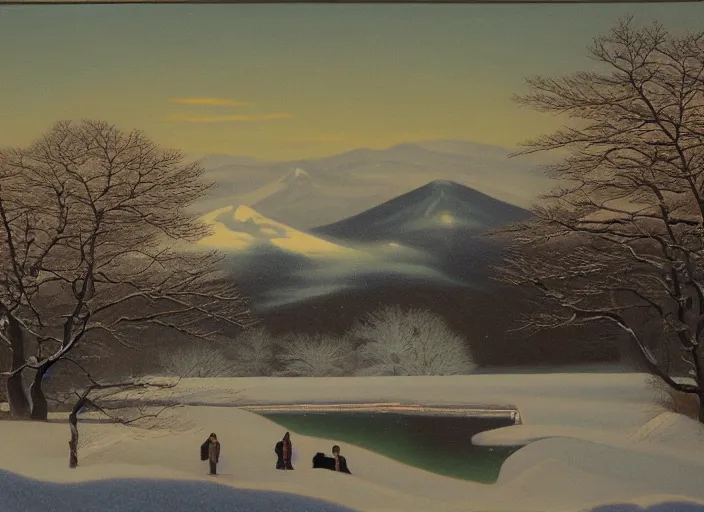 Image similar to hokkaido in winter, japan in the style of hudson river school of art, oil on canvas