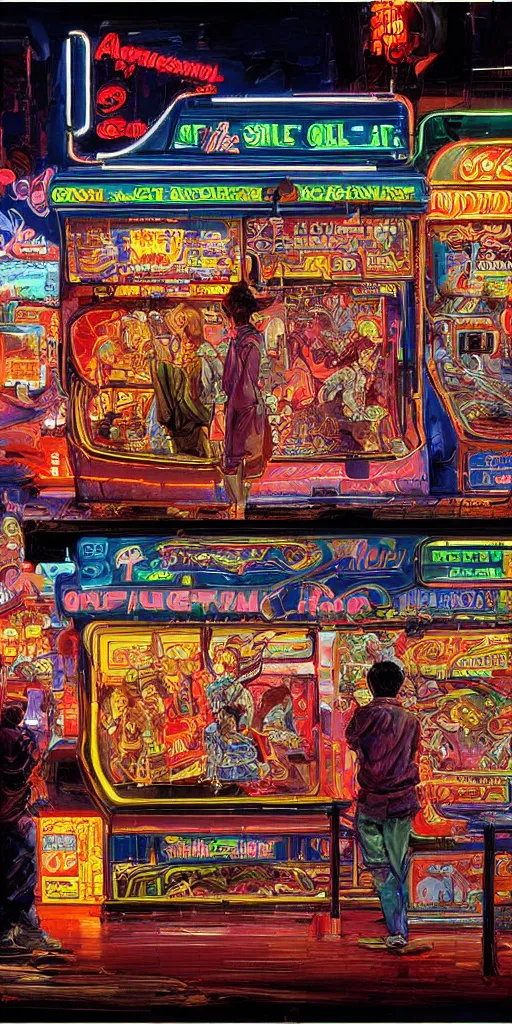 Image similar to oil painting scene from amusement arcade at night neon by kim jung gi