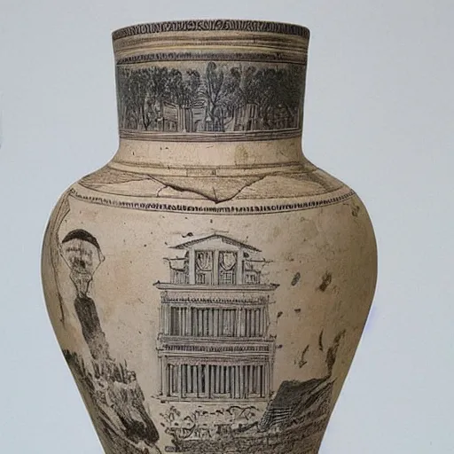 Image similar to a beautiful, ancient, greek amphora container, museum item, with drawings of new york's skyline