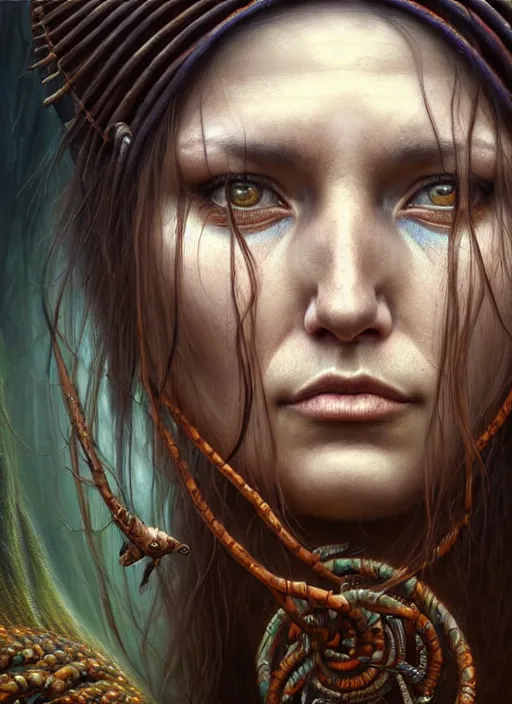 Image similar to closeup portrait shot of a female shaman in a scenic dystopian environment, intricate, elegant, highly detailed, centered, digital painting, artstation, concept art, smooth, sharp focus, illustration, artgerm, tomasz alen kopera, peter mohrbacher, donato giancola, joseph christian leyendecker, wlop, boris vallejo