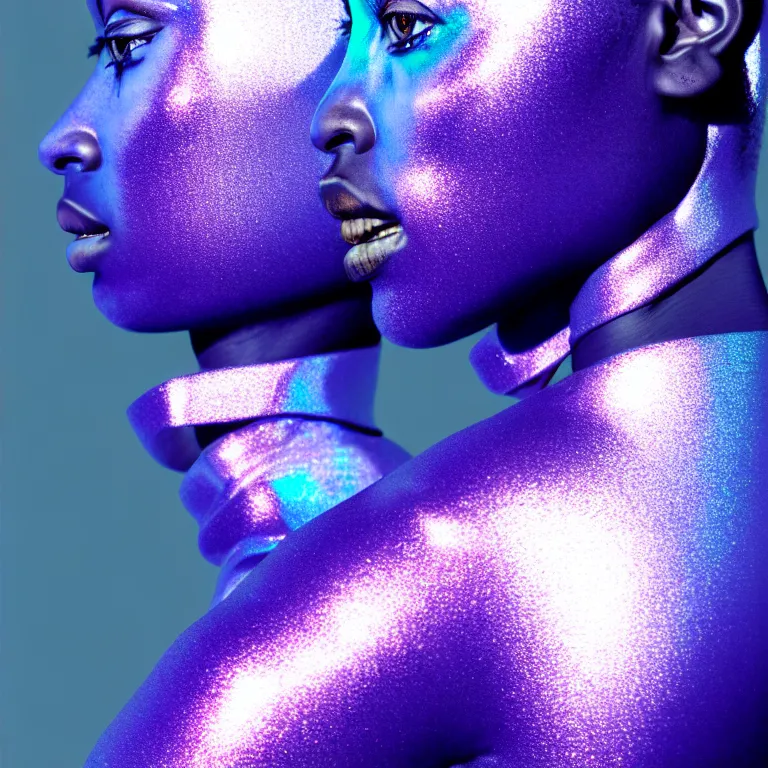 Image similar to portrait of iridescent metallic face, african woman, mercury, smooth reflections, proud looking away, outdoor, blue sky, 8 k, realistic, depth of field, highly detailed, award winning photography, by richard mosse