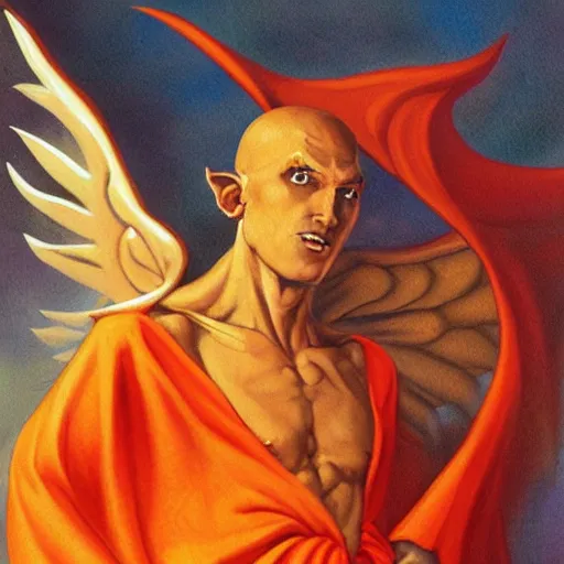 Prompt: fantasy painting of a shapeshifting winged elf monk in orange robes in the style of boris vallejo, high quality