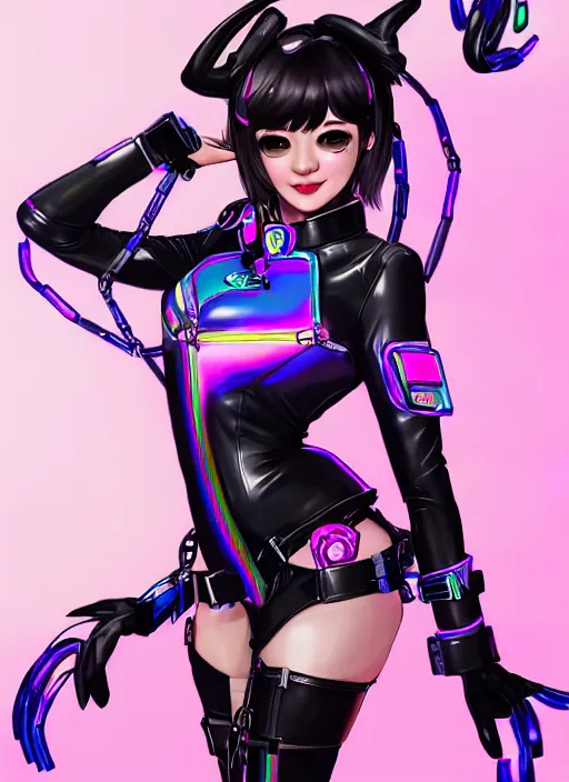 Image similar to full body digital artwork of dva overwatch, wearing black iridescent rainbow latex bikini, 4 k, expressive happy smug expression, makeup, in style of mark arian, wearing detailed black leather collar, wearing chains, black leather harness, leather cuffs around wrists, detailed face and eyes,