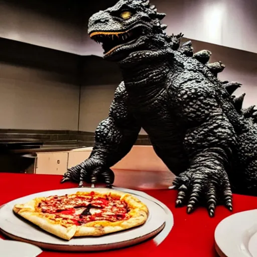 Image similar to godzilla eating pizza in a torture chamber,