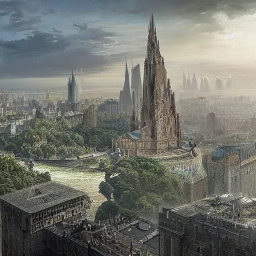 Prompt: an ultra detailed matte painting of the one impossibly tall black spire in the palace district on an island in a river elevated high above the city fortress tower, fantasy, ultrawide lense, aerial photography, volumetric lighting, exquisite detail, octane render, 8 k postprocessing, art by brandon sanderson and robert jordan and artgerm and greg rutkowski and alphonse mucha