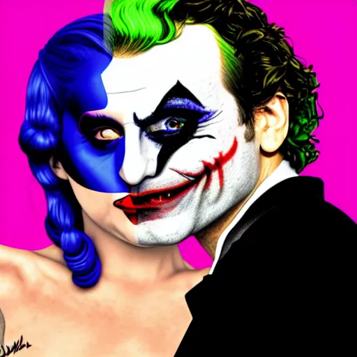 Prompt: richard hamilton and mimmo rottela as lady gaga harley queen and joaquin phoenix joker couple, pop art, 2 color, center, object details, dynamic composition, 4 k, ultra realistic art, smooth, sharp focus, illustration, concept art, intricate details, h 7 6 8