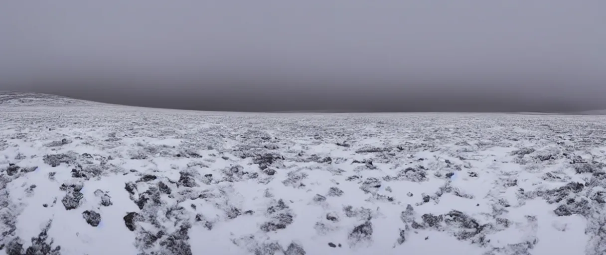 Image similar to a high quality color creepy atmospheric extreme wide angle shot hd 4 k film 3 5 mm photograph of very heavy snow storm a total white out blizzard in a desolate antarctica landscape