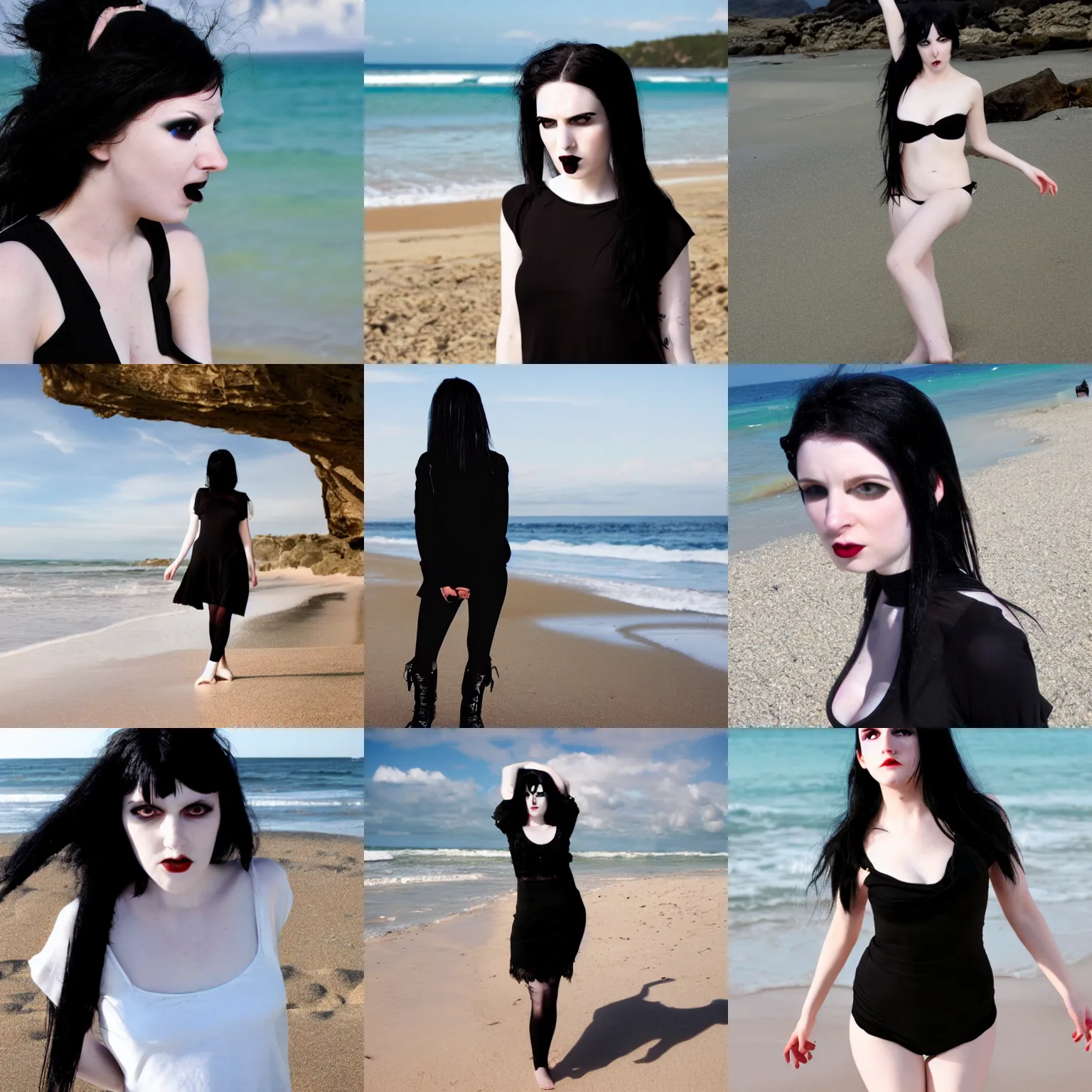 Prompt: pale goth girl with black hair annoyed on the beach