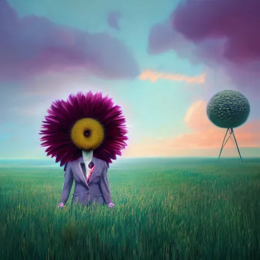 Image similar to giant daisy flower head, frontal, girl in a suit, surreal photography, sunrise, dramatic light, impressionist painting, digital painting, artstation, simon stalenhag