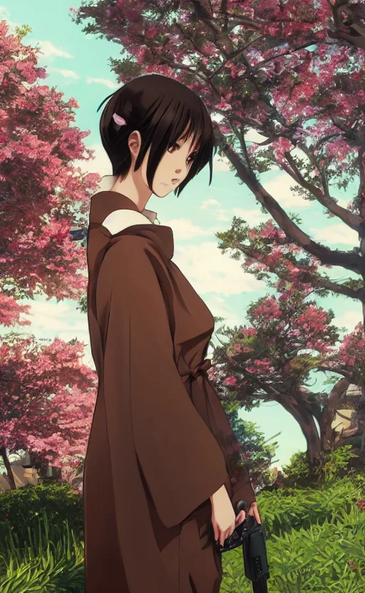 Image similar to anime style, gta 5, portrait of girl, yukata clothing, sakura tree in background, brown short hair, hair down, symmetrical facial features, from arknights, hyper realistic, rule of thirds, extreme detail, 4 k drawing, safebooru, realistic lighting, by alphonse mucha, greg rutkowski, sharp focus, backlit