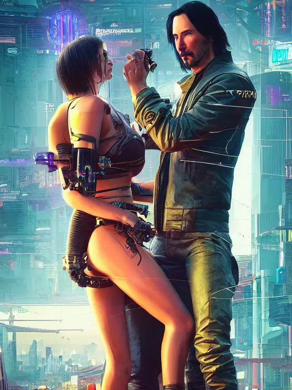 Image similar to a cyberpunk 2077 couple portrait of Keanu Reeves and V ,love story , lots of electric cable behind them connected to giant computer,film lighting,by laurie greasley,Lawrence Alma-Tadema,William Morris,Dan Mumford,trending on atrstation,face enhance,full of color,Digital painting,highly detailed,8K, octane,golden ratio,cinematic lighting