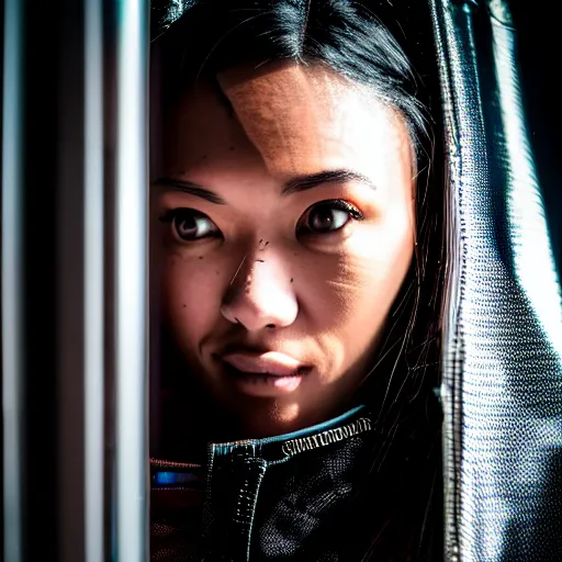 Prompt: candid photographic portrait of a techwear mixed young woman inside a hidden busy speakeasy, closeup, sigma 85mm f/1.4, 4k, depth of field, high resolution, 4k, 8k, hd, full color