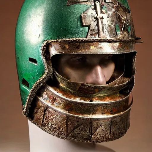 Prompt: a man wearing green armor, helmet with iron mohawk ornament, grated faceplate