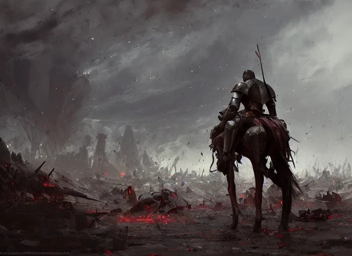 a beautiful wide angle view of an exhausted knight in Stable