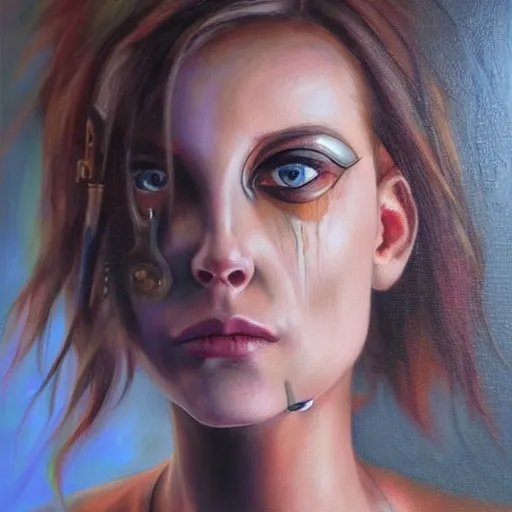 Image similar to amazing portrait of a beautiful cyborg, oil painting. HD