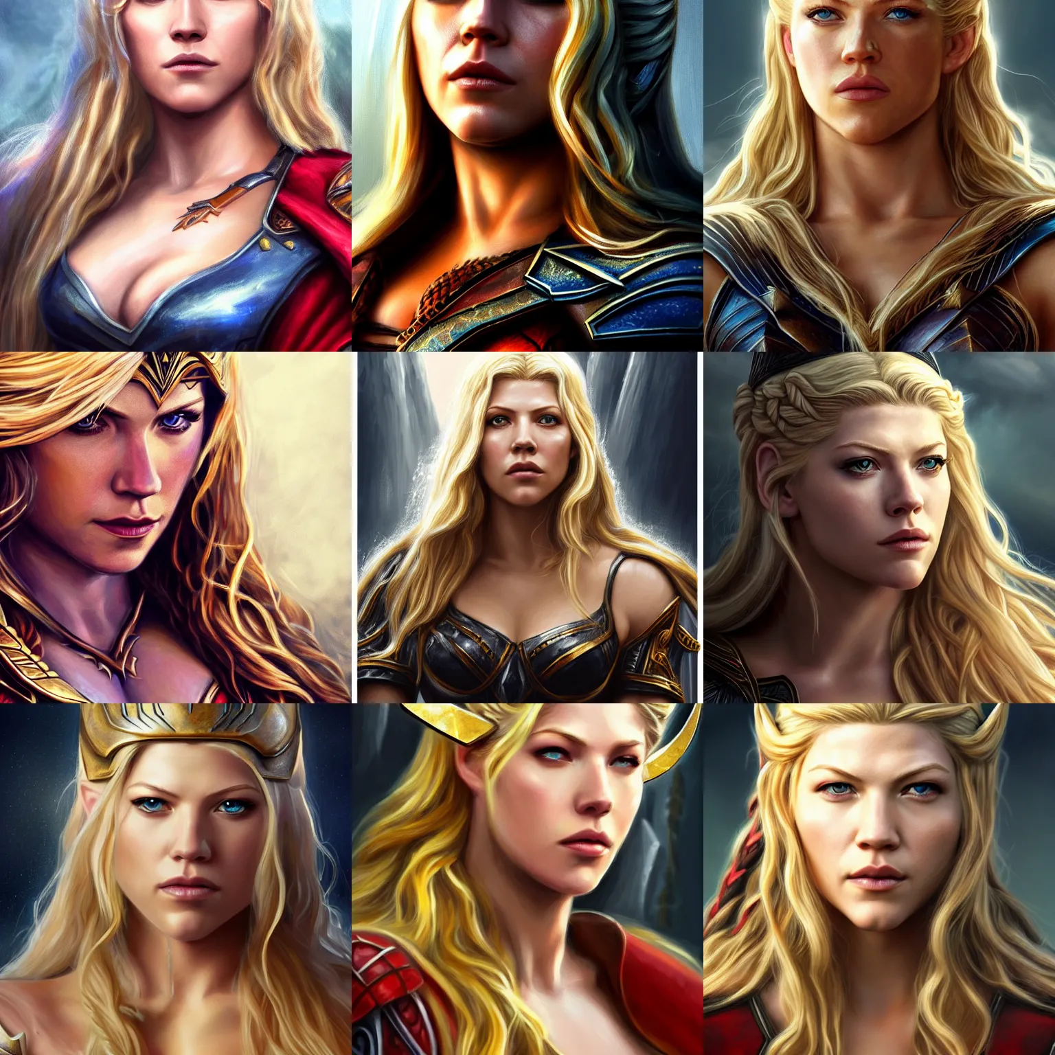 Prompt: beautiful Katheryn Winnick as Lady Thor, western, closeup, D&D, fantasy, intricate, elegant, highly detailed, digital painting, artstation, concept art, matte, sharp focus, illustration, art by a child with limited abilities