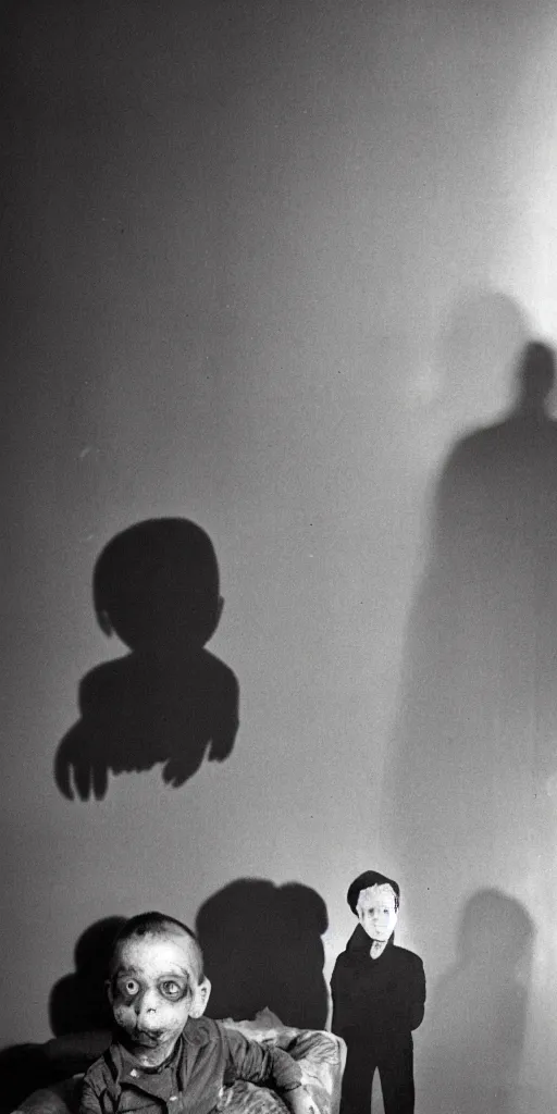 Prompt: found creepy photo of a young boy with a horrifying shadow demon with glowing eyes looming behind him in a bedroom