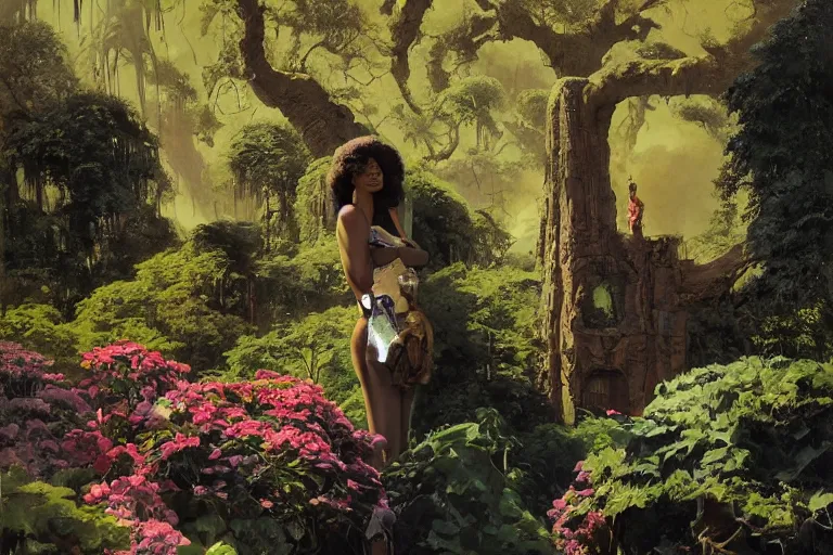 Prompt: pulp scifi illustration, elegant black woman watches spacecraft land in garden of stately home, flowers, baobab trees, distant town in valley and hills, by norman rockwell, jack kirby, john berkey, bergey, craig mullins, ruan jia, raymond swanland, jeremy mann, beksinski, tom lovell, alex malveda, schomburg